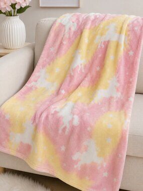 Pastel Unicorn Plush Fleece Throw Blanket Soft Cozy Pink Yellow Kids Decor